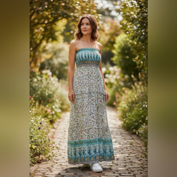 Zesica Dresses & Skirts - Elegant Strapless Floral Dress in Blue and White